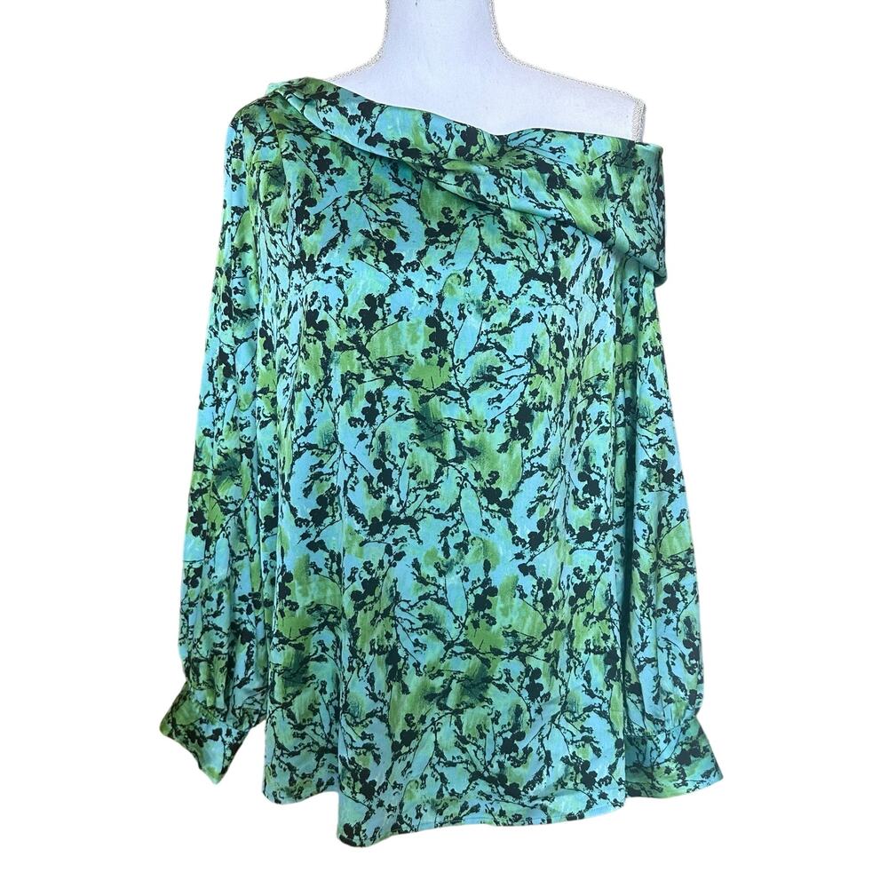 Halogen Women Teal Lime Green Abstract Print Off Shoulder‎ Draped Blouse XXL